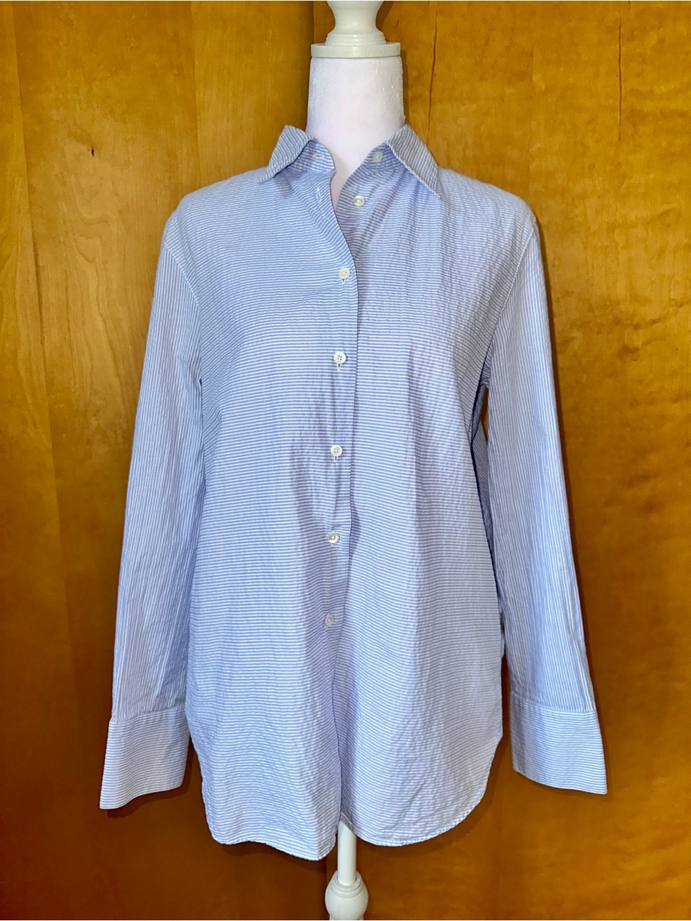 Massimo Dutti Blue and White Narrow-Striped Button-Down Shirt